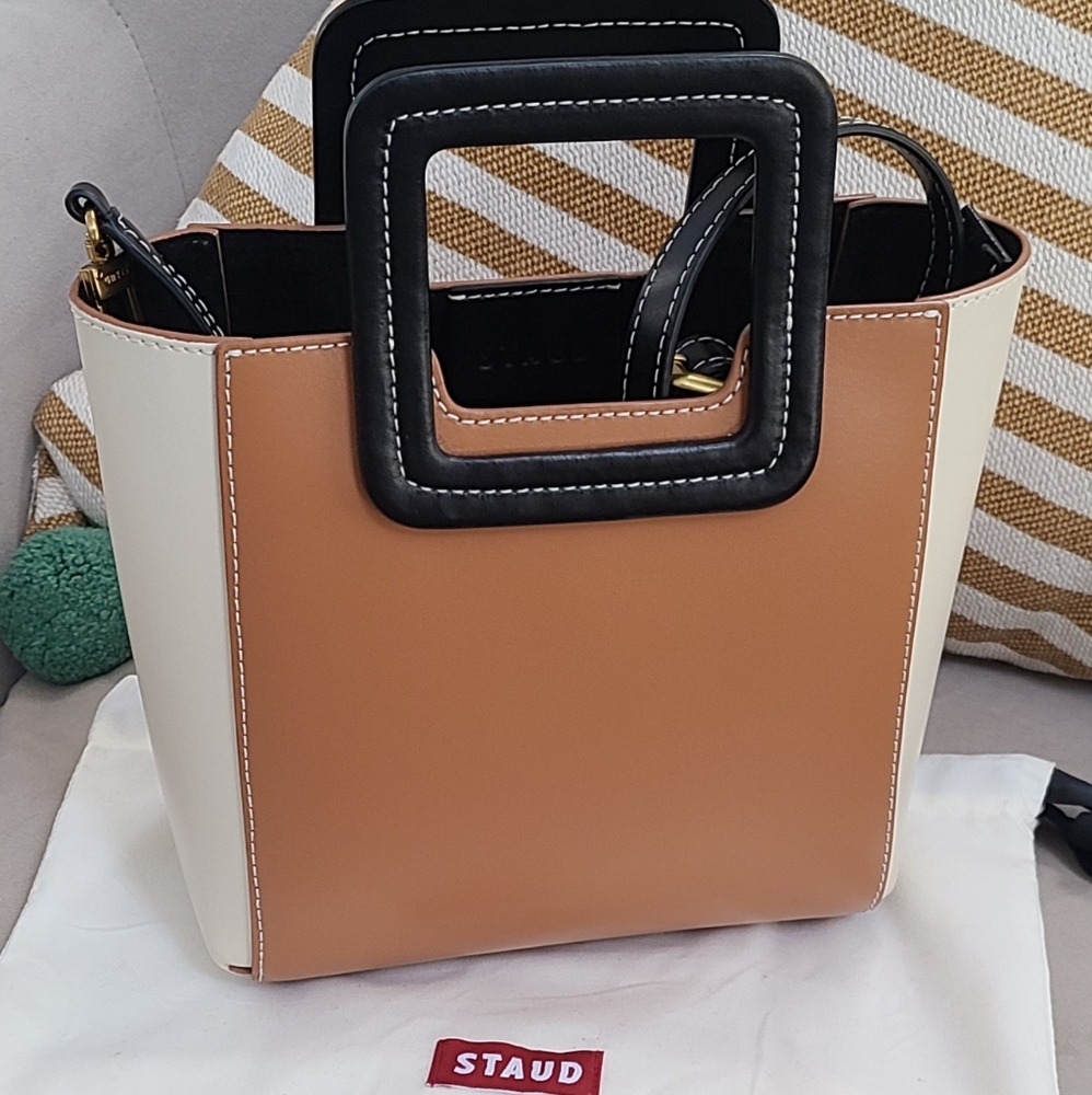 STAUD Tan and Cream Crossbody Bag with Black Trim